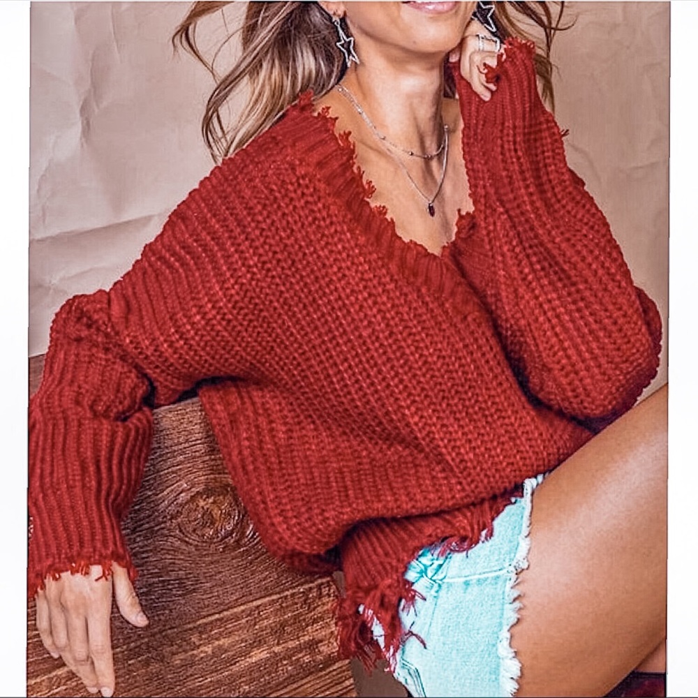 Burgundy Frayed V-Neck Knit Sweater Cozy - Picture 1 of 9